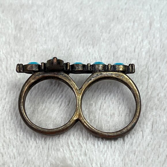 Cross Ring Turquoise Color Brass Double Finger Bands 6 7 - Picture 7 of 7